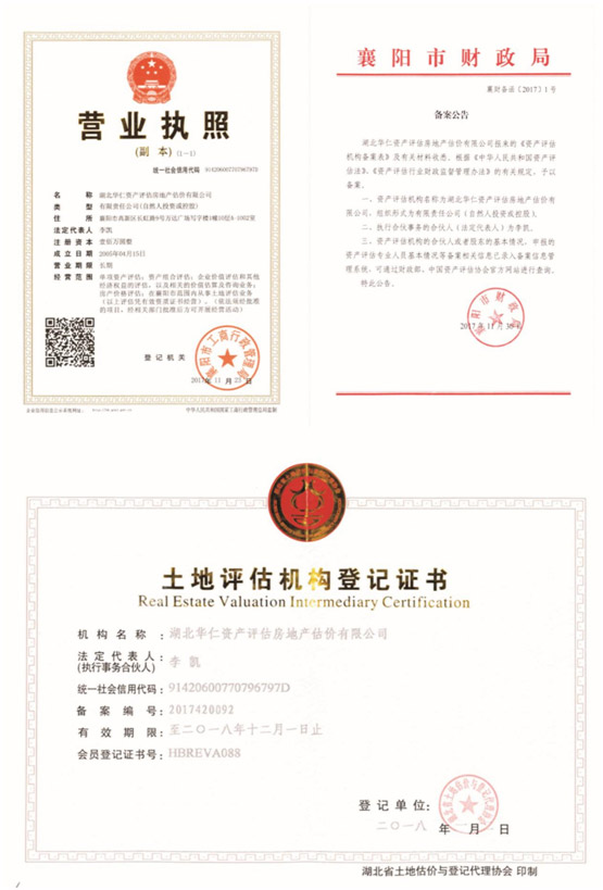 華仁資產(chǎn)評估房地產(chǎn)估價有限公司營業(yè)執(zhí)照、資產(chǎn)評估備案公告、土地評估機構(gòu)登記證書.jpg